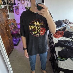 Black Graphic T-Shirt with Red and Yellow Design